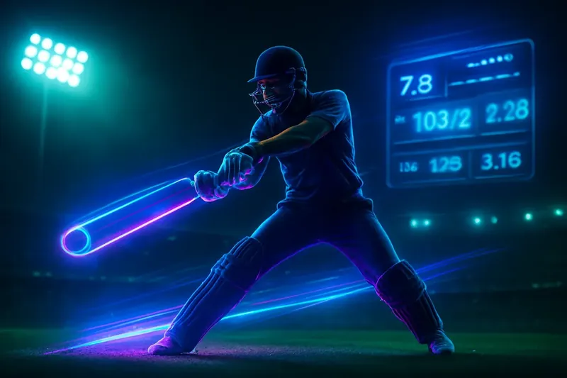 Cricket athlete in motion with neon speed trail and floating scoreboard