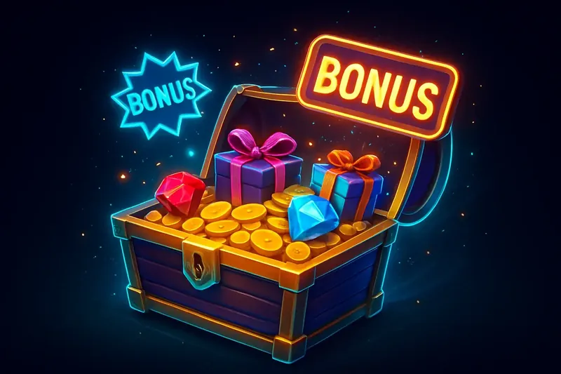 Golden treasure chest bursting with coins, gems, gift boxes, bonus tags