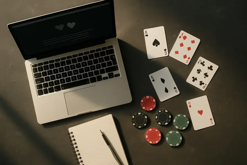 Flat lay of laptop, notepad, casino chips and cards on slate