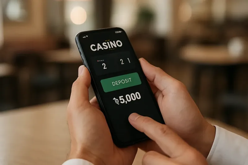 Man typing on smartphone casino app with BDT deposit confirmation in cafe