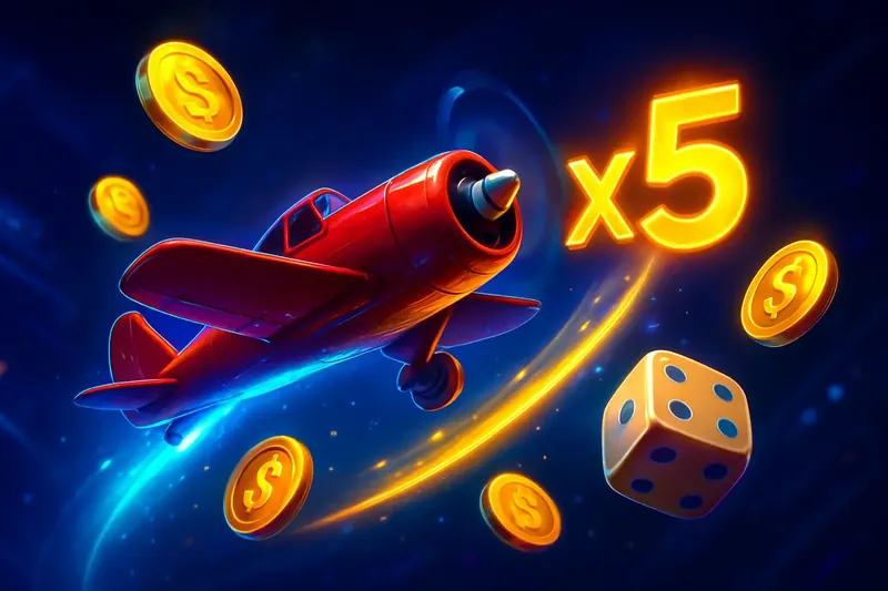 Red airplane soaring with glowing multiplier trail, coins and dice floating