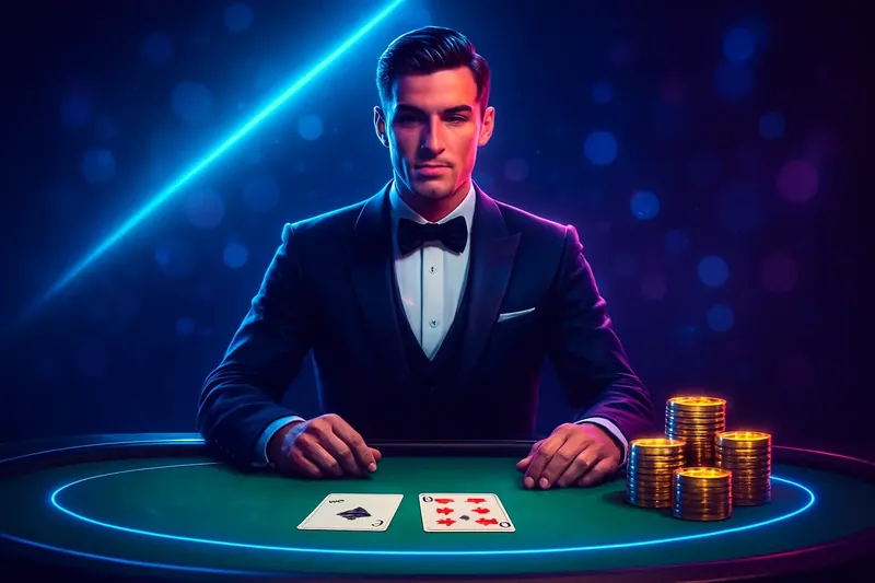 Professional dealer behind green felt table with golden chips under spotlight