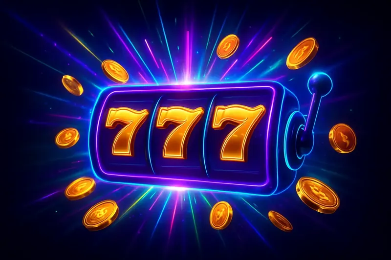 Slot machine jackpot with golden 777s, coins, and neon light beams